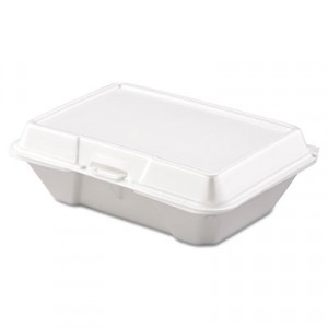 Foam Container with Removable Hinged Lid, 1-Comp, 9-3/10x6-2/5x2-9/10, 100/Bag