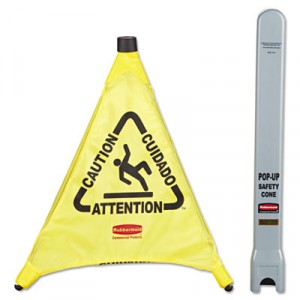 Multilingual "Caution" Pop-Up Safety Cone, 3-Sided, Fabric, 21x21x20, Yellow