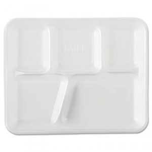 School Tray Foam Serving Trays, 10 2/5x8 2/5x1 1/4, White, Five-Compartment