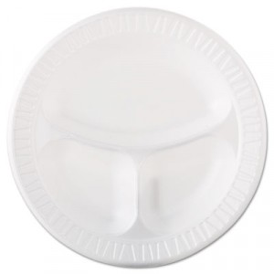 Foam Plastic Plates, 10 1/4 Inches, White, Round, 3 Compartments, 125/Pack