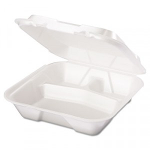 Snap-It Foam Hinged Container, 3-Compartment, 9-1/4x9-1/4x3, White, 100/Bag