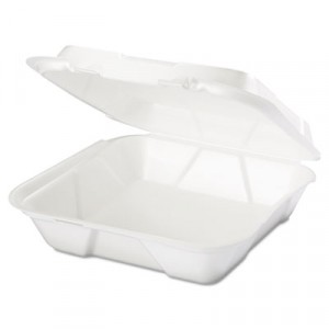 Foam Hinged Carryout Container, 1-Compartment, White, 9-1/4x9-1/4x3, 100/Bag