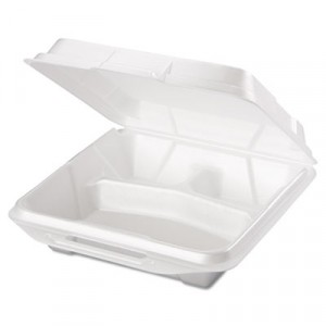 Foam Hinged Carryout Container, 3-Compartment, 9-1/4x9-1/4x3, White, 100/Bag