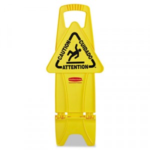 Stable Multi-Lingual Safety Sign, 13w x 13 1/4d x 26h, Yellow