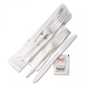 Wrapped Cutlery Kit, 6 1/4", Fork/Knife/Napkin/Salt/Pepper, White