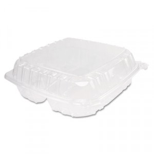 ClearSeal Plastic Hinged Container, 3-Compartment, 9x9-1/2x3, Clear, 100/Bag