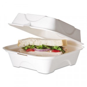 Bagasse Hinged Clamshell Containers, 6w x 6d x 3h, White