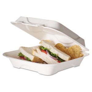 Bagasse Hinged Clamshell Containers, 9w x 9d x 3h, White
