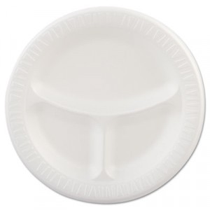 Foam Plastic Plates, 9 Inches, White, Round, 3 Compartments, 125/Pack