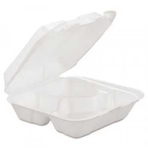 Foam Hinged Carryout Container, 3-Compartment, White, 8-1/4x8x3