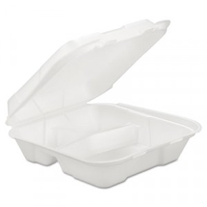 Foam Hinged Carryout Container, 3-Compartment, White, 9-1/4x9-1/4x3