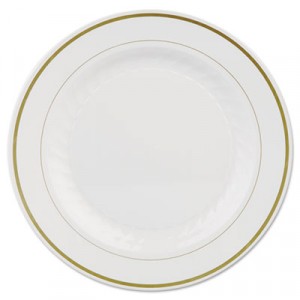 Masterpiece Plastic Plates, 10 1/4in, Ivory w/Gold Accents, Round, 10/Pack