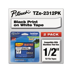 TZe Series Cartridge for P-Touch Labelers,.5"w, Black on White 2/pk