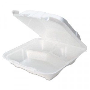 Foam Hinged Lid Containers, White, 9x9x3-1/4, 3-Compartment