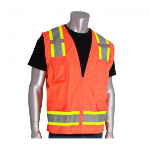 Class 2 Solid/Mesh Vest, Zipper, 6 Pockets, Mic Tab, Two Tone Tape, OR Size 2X-Large