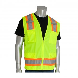 Class 2 Solid/Mesh Vest, Zipper, 6 Pockets, Mic Tab, Two Tone Tape, LY Size 2X-Large