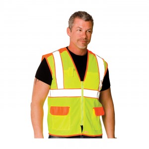 Class 2 Mesh/Solid Vest, 4 Pockets, Zipper Clos., 2in. Two Tone, LY/OR