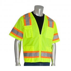 Class 3 Solid/Mesh Vest, Zipper, 6 Pockets, Mic Tab, Two Tone Tape, LY Size 2X-Large