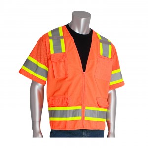 Class 3 Solid/Mesh Vest, Zipper, 6 Pockets, Mic Tab, Two Tone Tape, OR Size 2X-Large