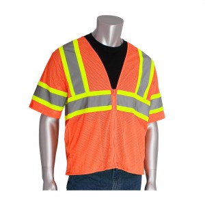 Class 3 Mesh Vest, 2 pockets, Zipper Closure, Two Tone Tape, OR