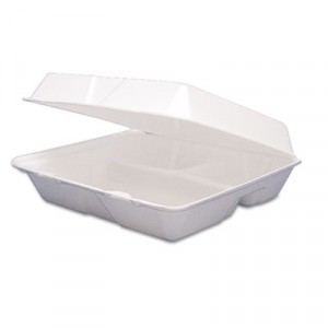 Hinged Food Containers, Foam, 3-Comp, 8-3/8x7-7/8x3-1/4