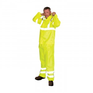 Class 3 Rainsuit, 2 piece, PU Ctd, Zipper, Hood, Pant, 2in. Tape, LY Size X-Large