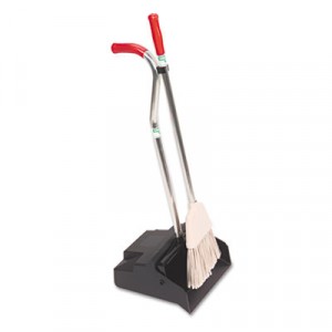 Ergo Dustpan & Broom, 12" Wide, Metal/Vinyl-Coated Handle, Black/Silver