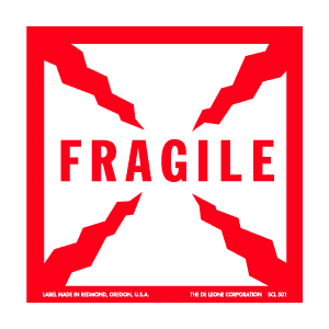 Fragile Labels 8" x 8" (meets military standard) 100 Labels/pkg/sheeted