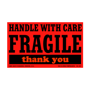 Label 3x5 "Handle w/Care Fragile" Red W/ Black Print 500/RL