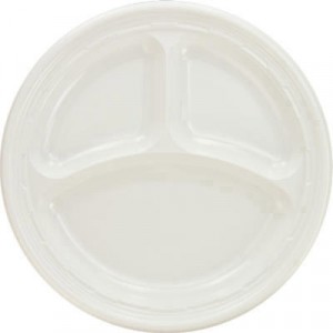 Plastic Plates, 9 Inches, White, 3 Compartments, Round, 125/Pack