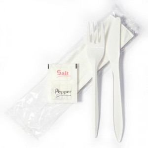 Wrapped Cutlery Kit, 6 1/4", Fork/Knife/Napkin/Salt/Pepper, White