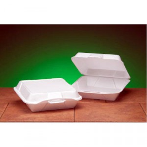 Foam Hinged Container, 1-Compartment, Jumbo, 10-1/3x9-1/3x3, White, 100/Bag