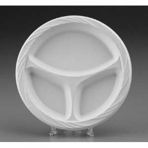 Lightweight Plastic Dinnerware, 3-Comp, Plate, 9", Round, White