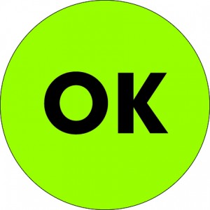 Label 2" Circle "OK" Flourescent Green 500/RL