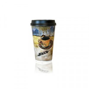 Thermo Grip Monaco Cups with Lids, Foam, 16oz, Hot, Brown/White/Blue