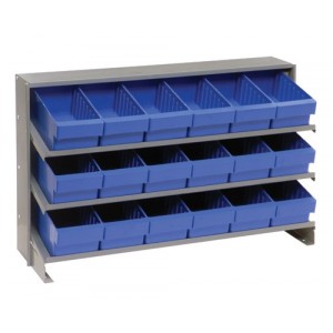 Sloped shelving systems with super tuff euro drawers 12" x 36" x 21" Blue