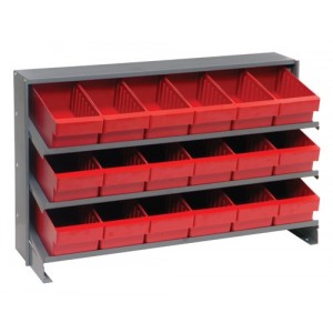 Sloped shelving systems with super tuff euro drawers 12" x 36" x 21" Red
