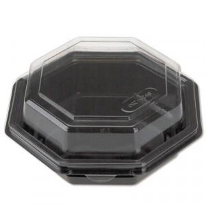 Octagon Hinged Carryout Container, Plastic, Black Base, Clear, 16 oz