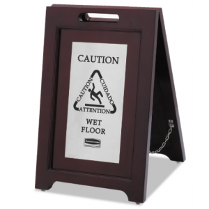 Executive 2-Sided Multi-Lingual Caution Sign, Brown/Stainless Steel,15Wx23.5H