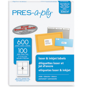 Labels, Laser Printers, Pres-a-ply, 3.33 x 4, White, 6 Label/Sheet, 100 Sheets, 600 Labels /Box