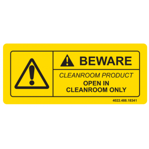 Label 2.375x1 "Beware Open in Cleanroom" yellow w/black text 3"core 500/RL