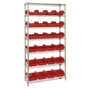 Heavy-duty wire shelving with QuickPick bins - complete package 36" x 18" x 74" Red