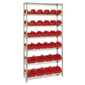 Heavy-duty wire shelving with QuickPick bins - complete package 36" x 18" x 74" Red