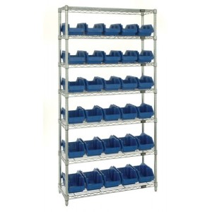 Heavy-duty wire shelving with QuickPick bins - complete package 36" x 18" x 74" Blue