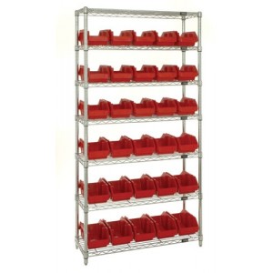 Heavy-duty wire shelving with QuickPick bins - complete package 36" x 18" x 74" Red