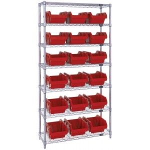 Heavy-duty wire shelving with QuickPick bins - complete package 36" x 18" x 74" Red