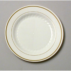 Masterpiece Plastic Plates, 7 1/2 in, Ivory w/Gold Accents, Round, 10/Pack
