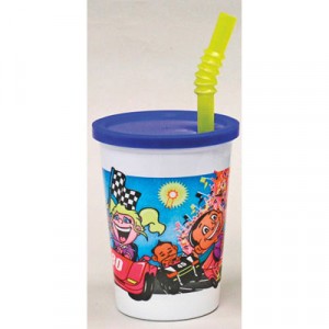 Plastic Kids' Cups with Lids and Straws, 12 oz., Race Car Design