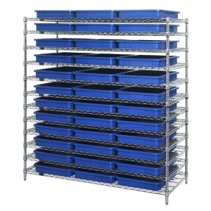 Chrome Wire Shelving System with Dividable Grid Containers 60" x 24" x 63" Blue