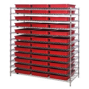 Chrome Wire Shelving System with Dividable Grid Containers 60" x 24" x 63" Red